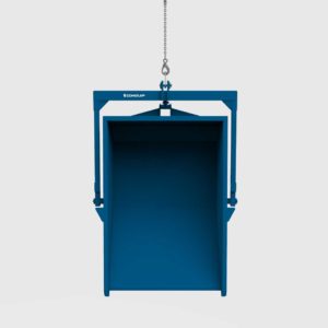 small muck bin crane lifted and tipped front view