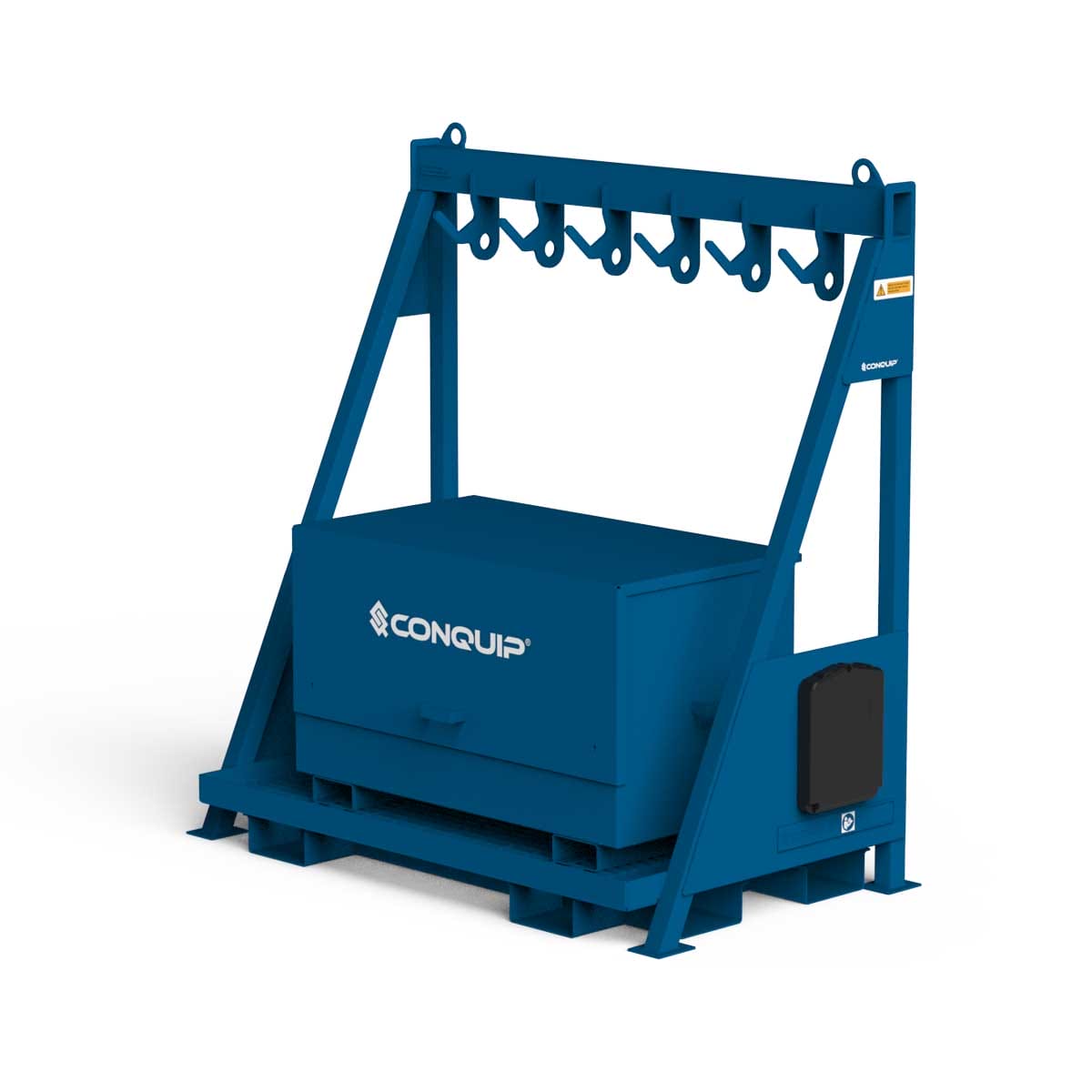 Compact Chain Storage Rack with toolbox, hero image, blue render, white BG, left-facing,